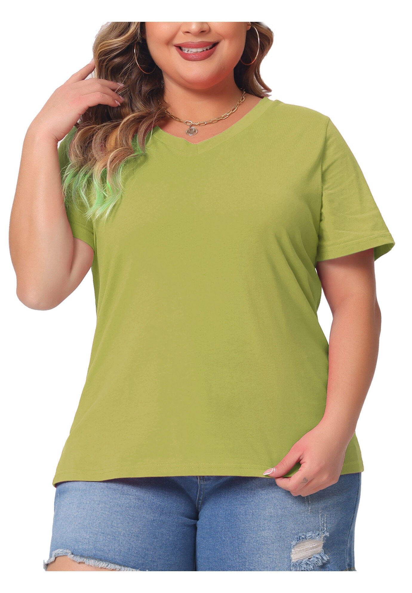 Short Sleeve V Neck Basic T-Shirt Top, Olive Green / Olive Green, alternate image number 1