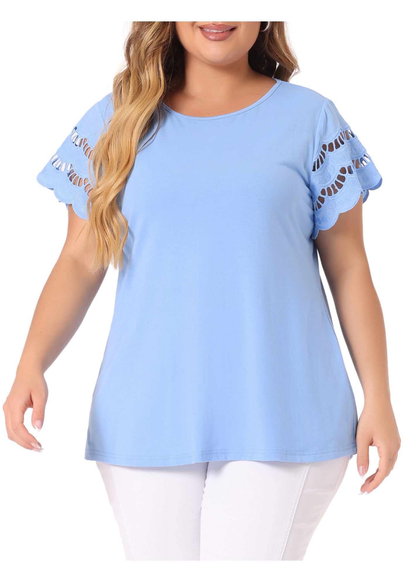 Lace Panel Hollow Short Sleeve Summer Blouse, Blue / Light Blue, alternate image number 3