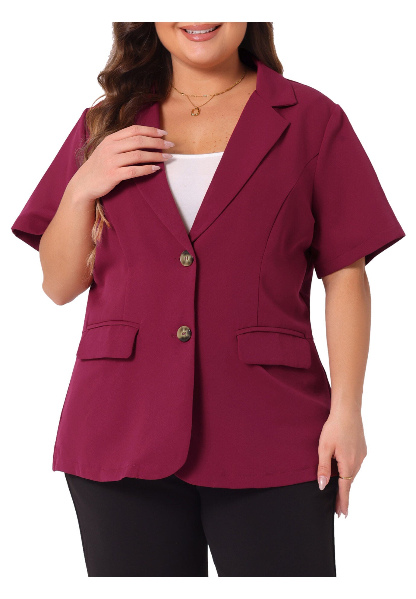 SHORT SLEEVE NOTCHED LAPEL BUTTON WORK BLAZER, Burgundy / Red, alternate image number 1