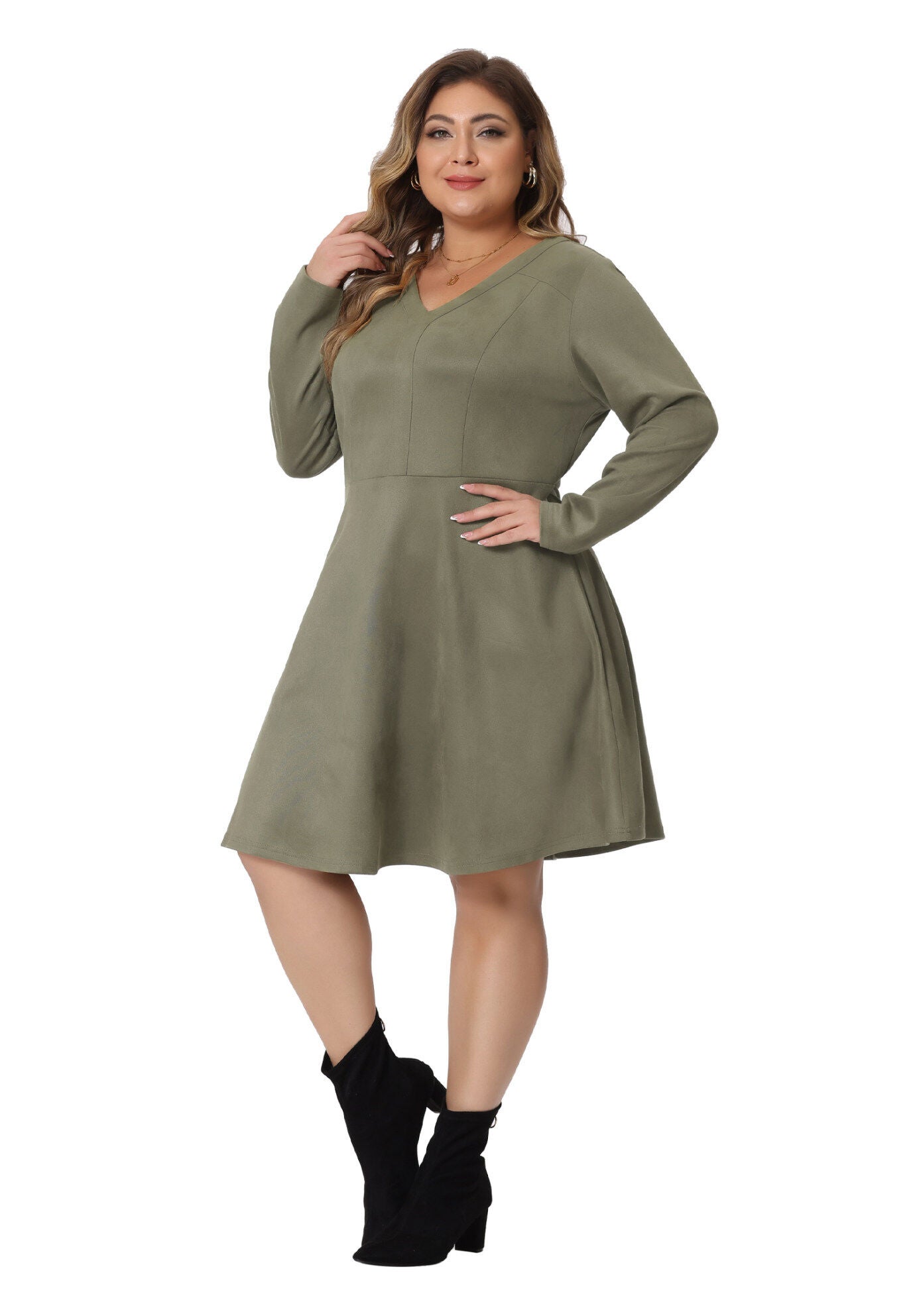 Faux Suede V Neck Long Sleeve A-Line Elegant Midi Dress, Green / Sage Green, hi-res image number 0
