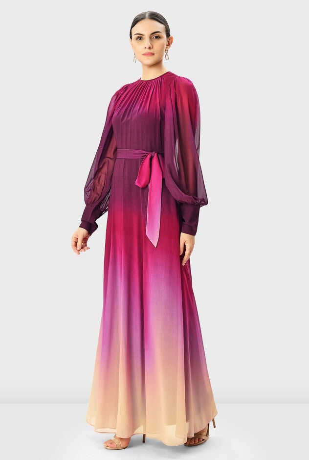 Ombre print georgette sash tie dress, Wine / Pink, alternate image number null