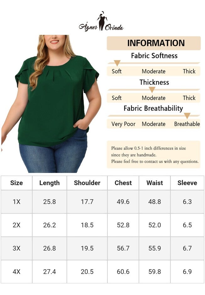 Round Neck Pleated Top Tulip Sleeves Blouse Top, Green / Quetzal Green, alternate image number null