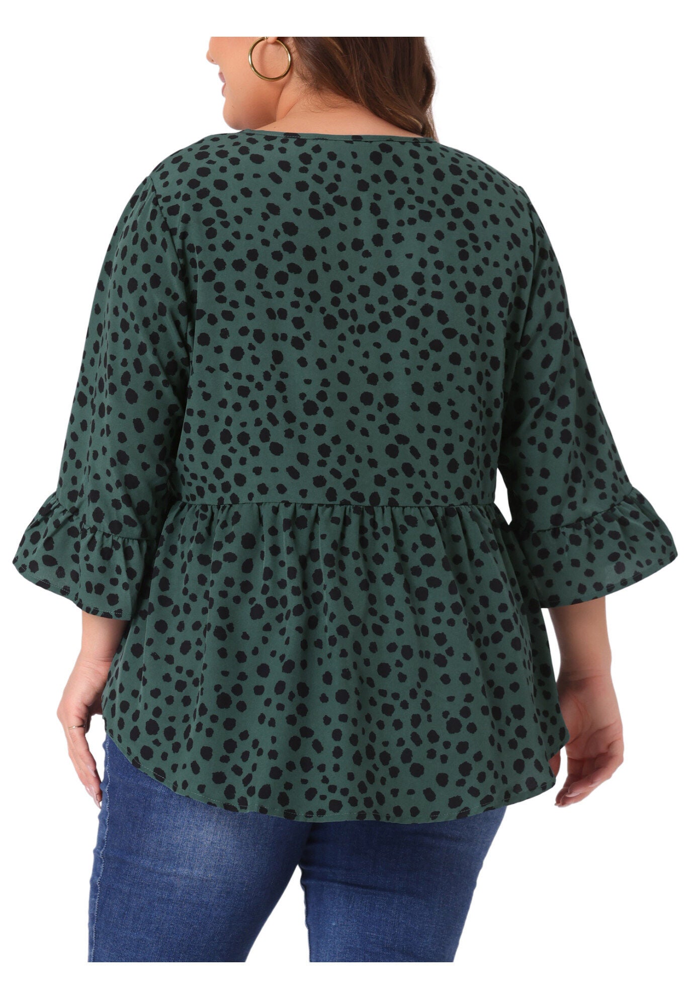 Polka Dots Blouse 3/4 Ruffle Sleeve Peplum Top, Dark Green / Hunter Green, alternate image number 3