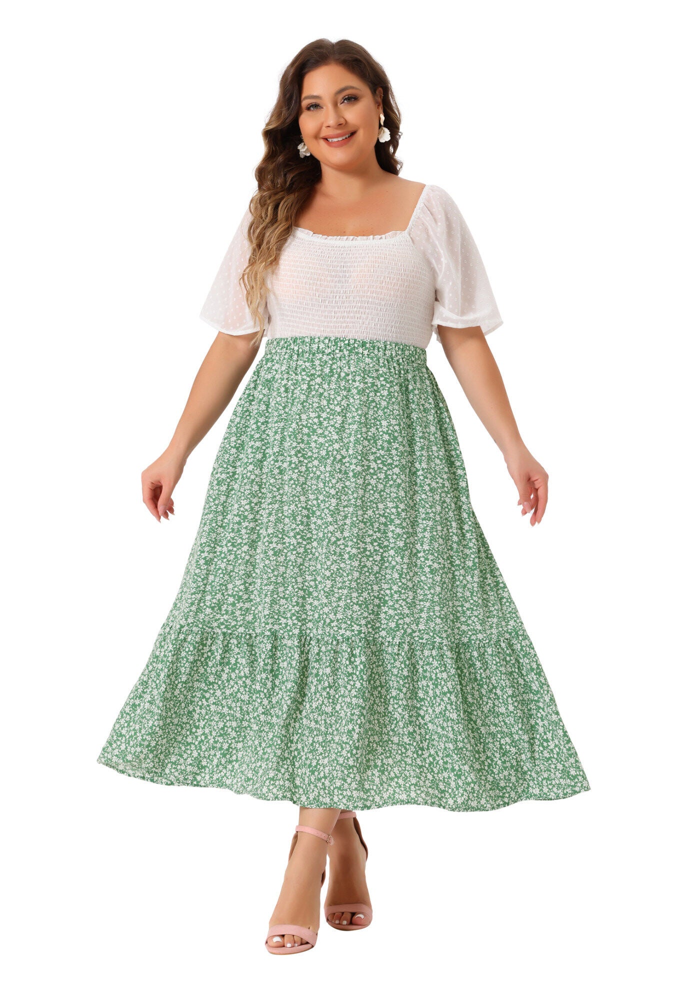 Summer Floral Flowy Stretchy Waist Layered A Line With Pocket Maxi Skirt, Green / Light Green, hi-res image number 0