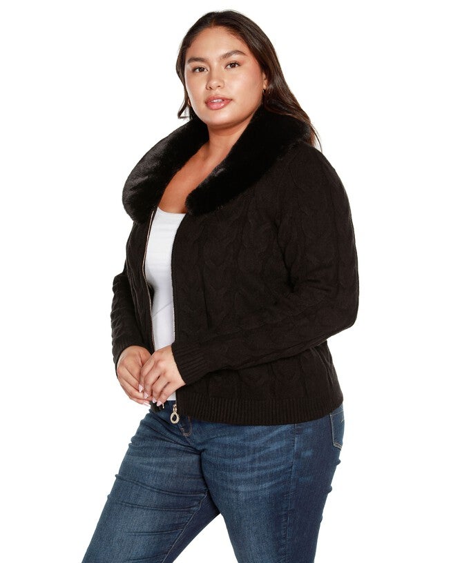 Faux Fur Collared Cable Cardigan, , alternate image number 6