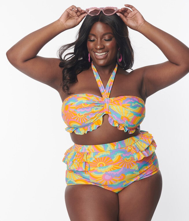 Unique Vintage Happy Groovy Rainbow Twist Front Halter Swim Top, Happy Groovy Rainbow / Yellow, hi-res image number 0