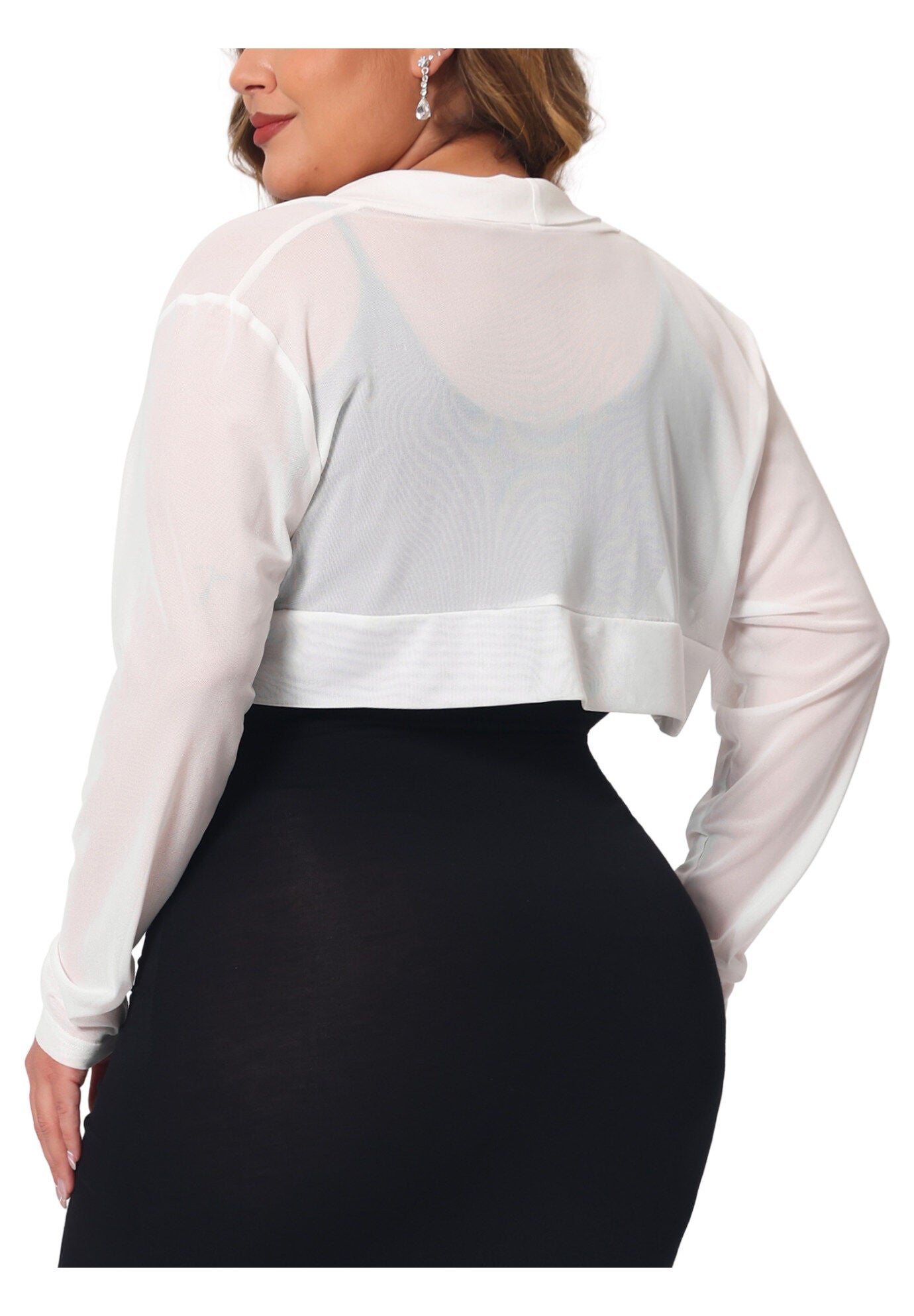 LONG SLEEVE SHEER BOLERO SHRUG MESH CROP CARDIGAN, White / White, alternate image number 3