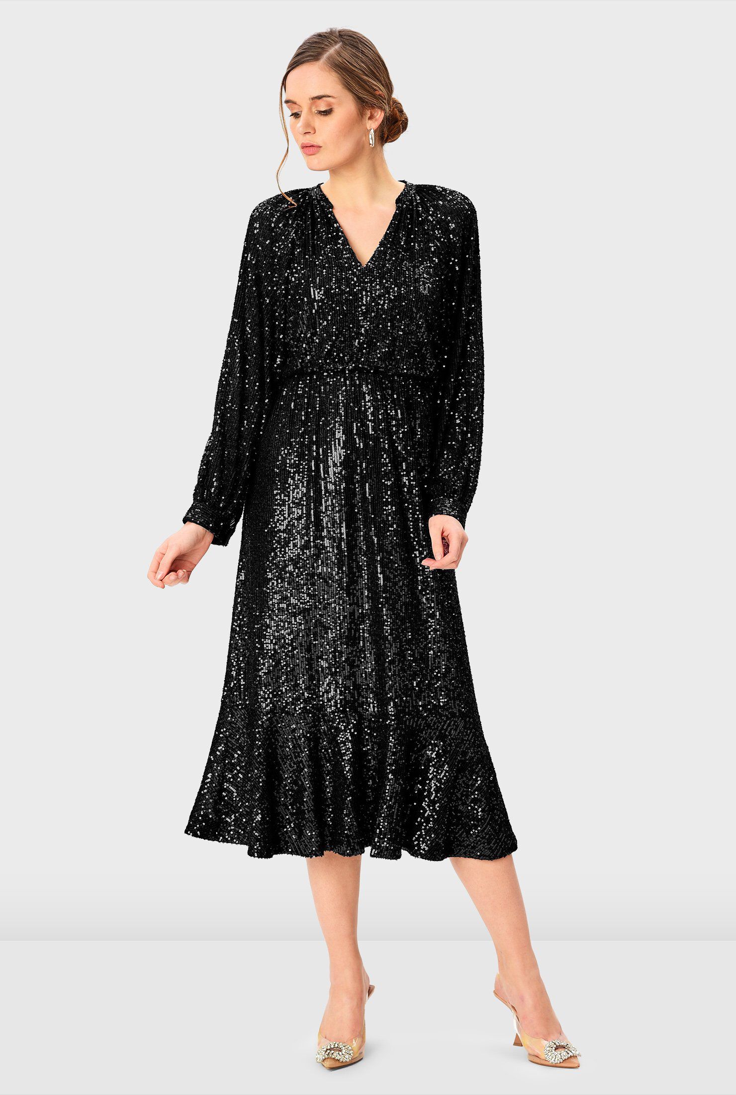 Sequin Mesh Ruffle Flounce Dress, Black / Black, hi-res image number 0