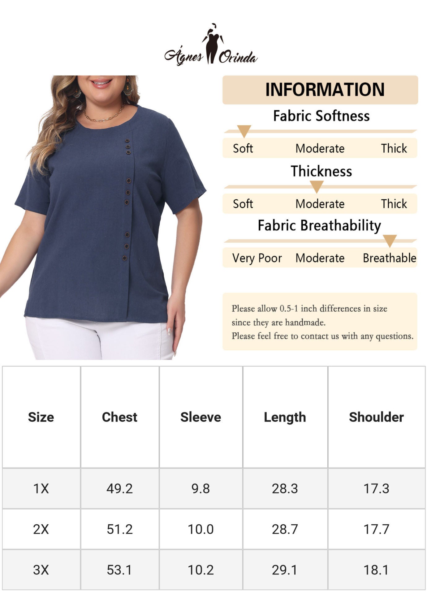 Short Sleeve Round Neck Cotton Linen T-Shirt Top, Navy Blue / Navy, alternate image number 4