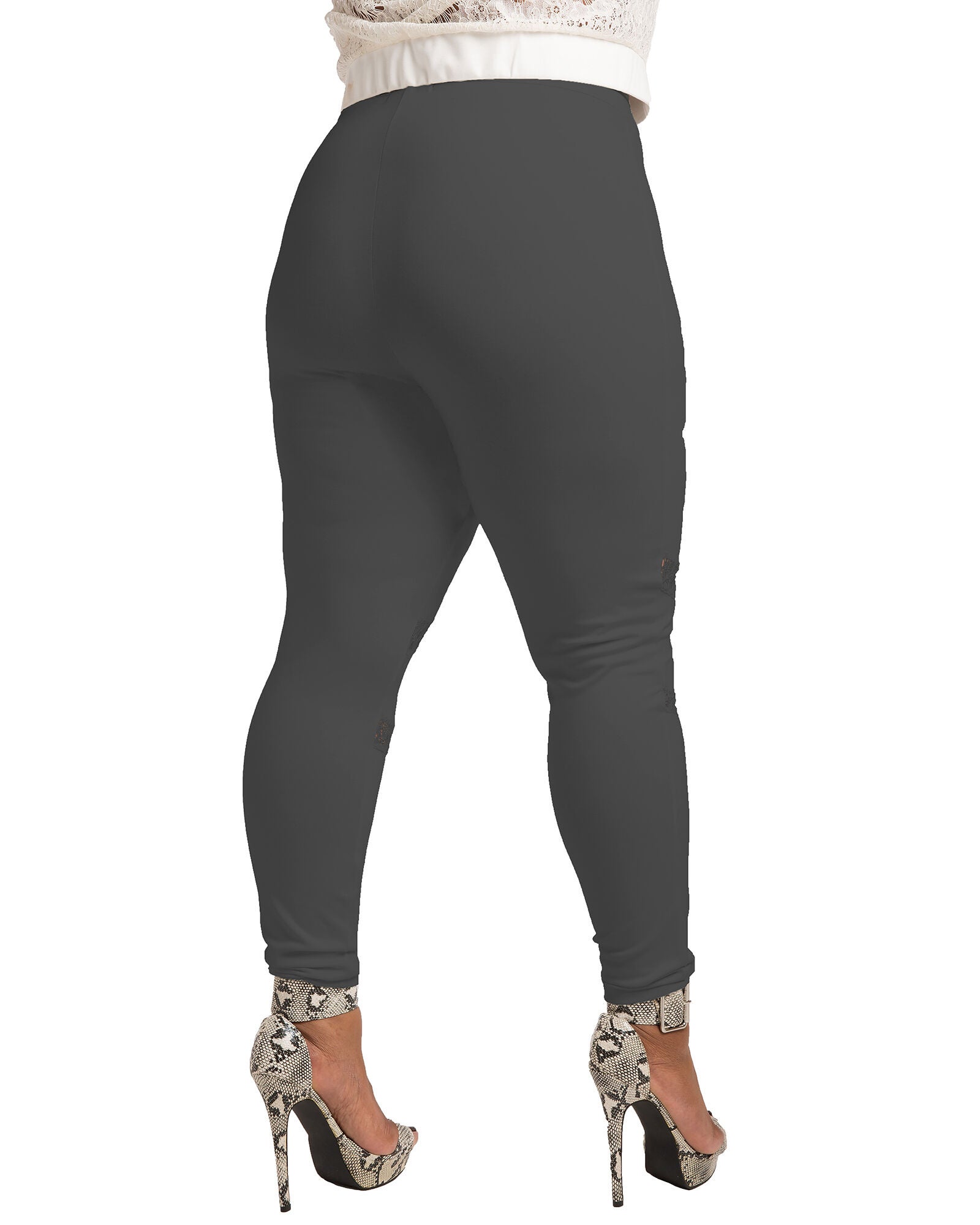 Janet Black Pull On Ponte Leggings with Lace Insert, Charcoal / Charcoal Grey, alternate image number 2