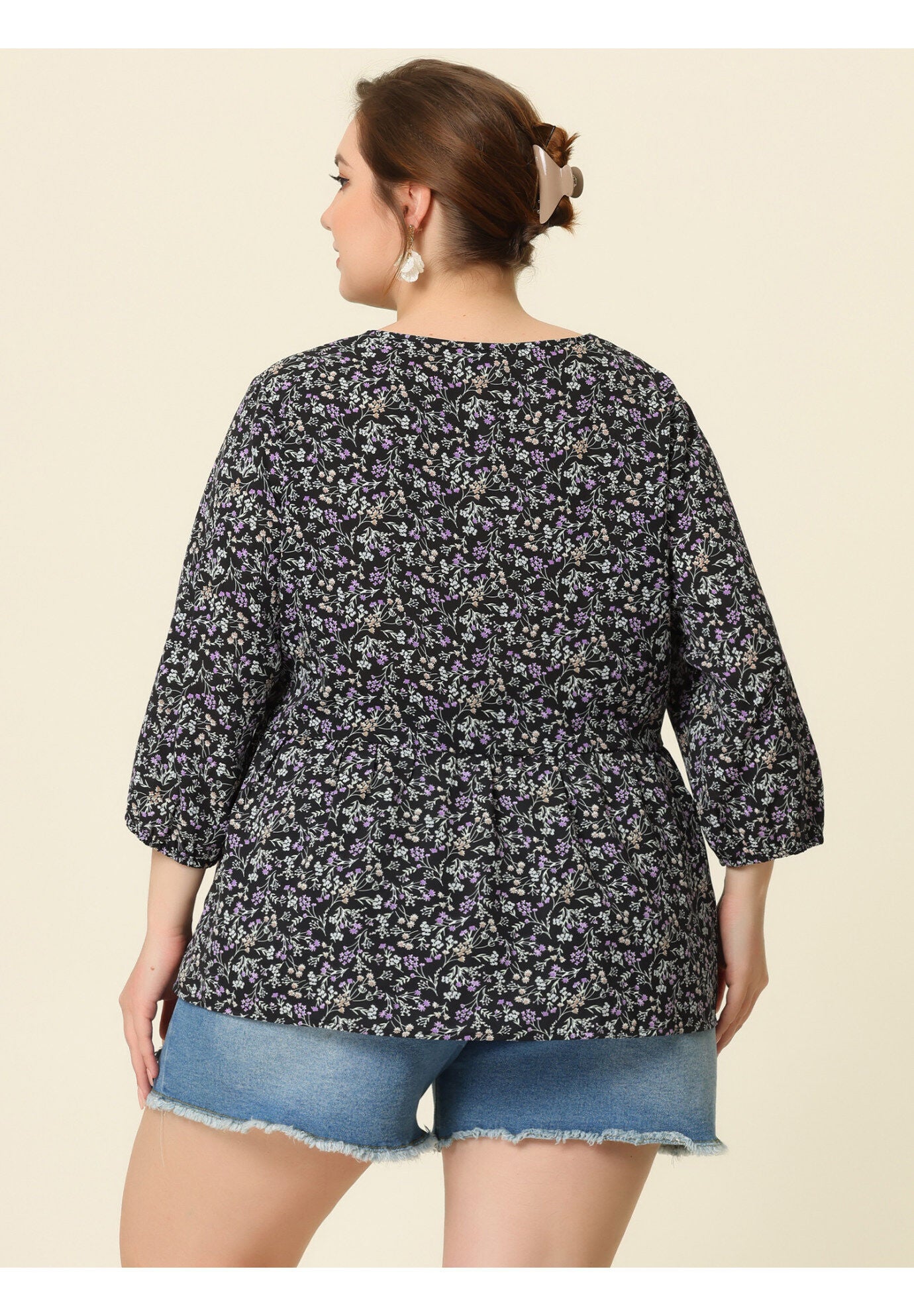 V Neck Babydoll Flowy 3/4 Lantern Sleeve Floral Blouse, Black / Black, alternate image number 3