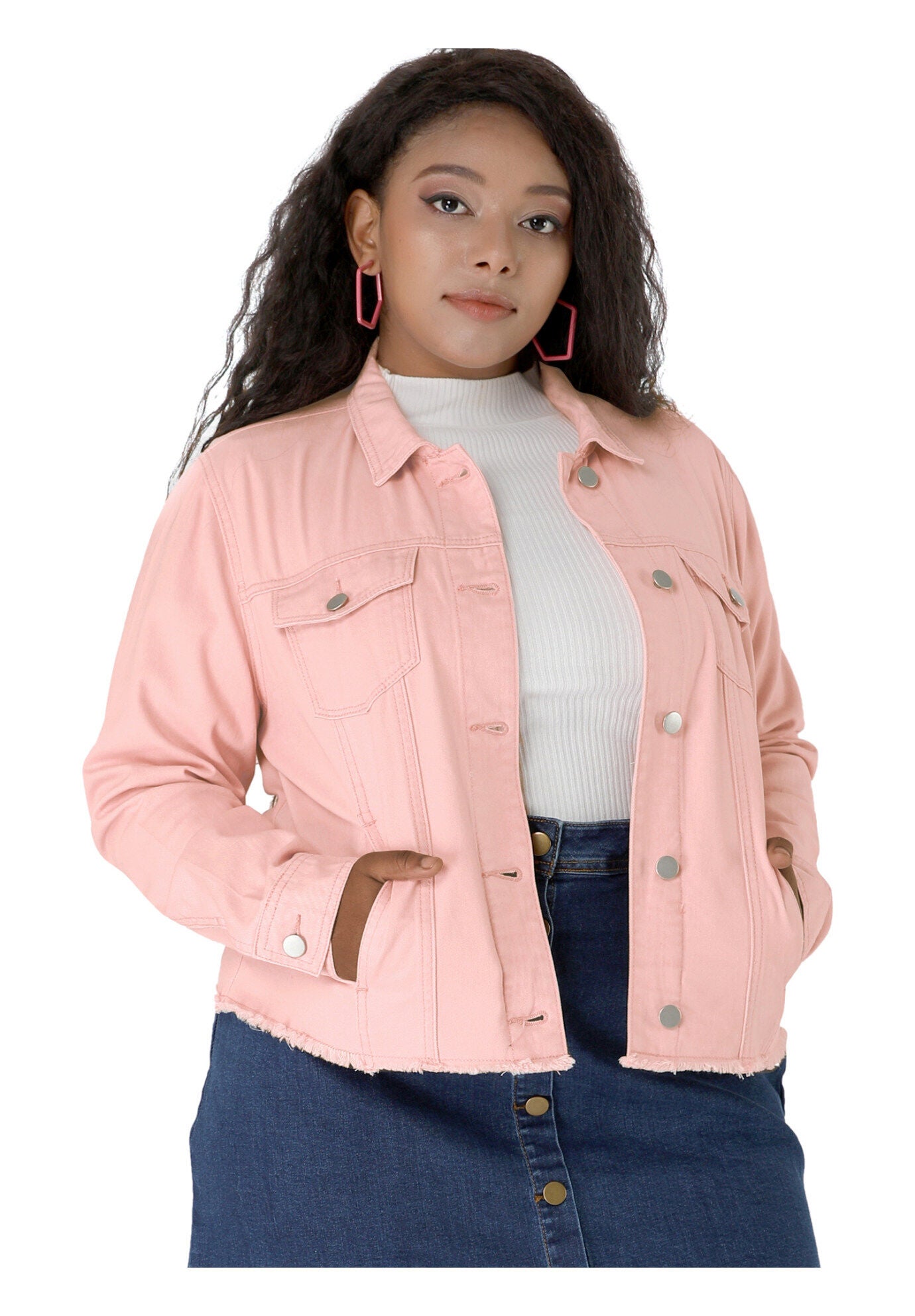 WASHED FRONT FRAYED DENIM JACKET, Pink / Pink, alternate image number 2