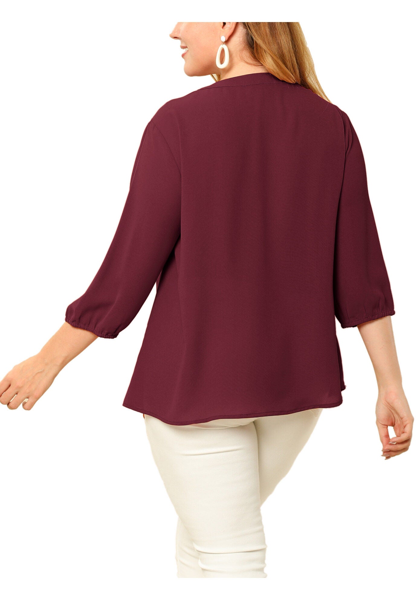 3/4 Sleeve Work Office Tie Front Ruffle Chiffon Blouse Top, Wine Red / Burgundy, alternate image number 3