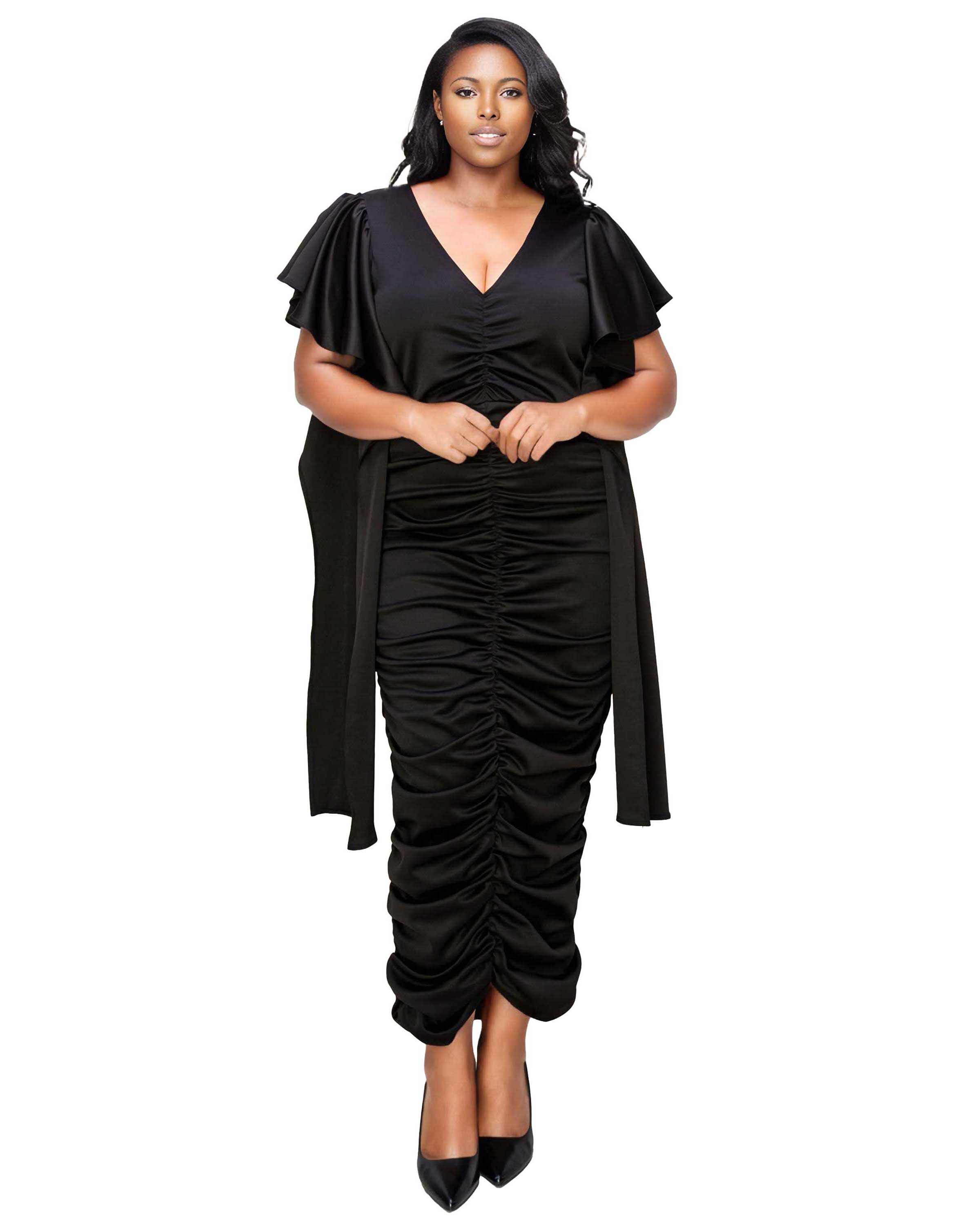 NADIA RUCHED V NECK DRESS, Black / Black, hi-res image number 0