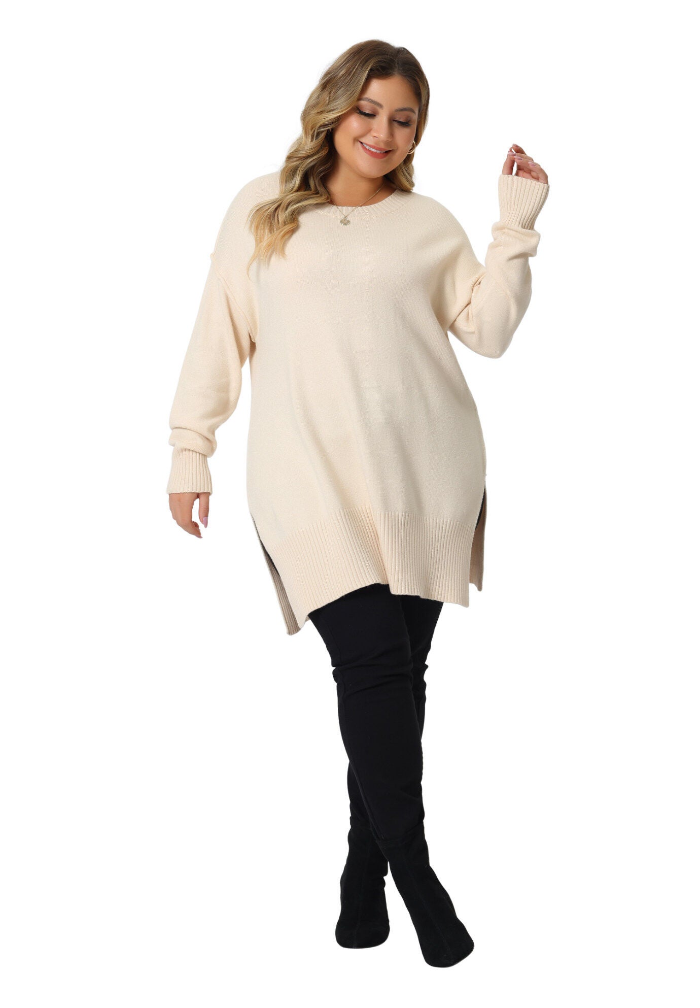 OVERSIZED CREW NECK LONG SLEEVE SLIT HEM KNIT PULLOVER SWEATER, Apricot / Cream, hi-res image number 0