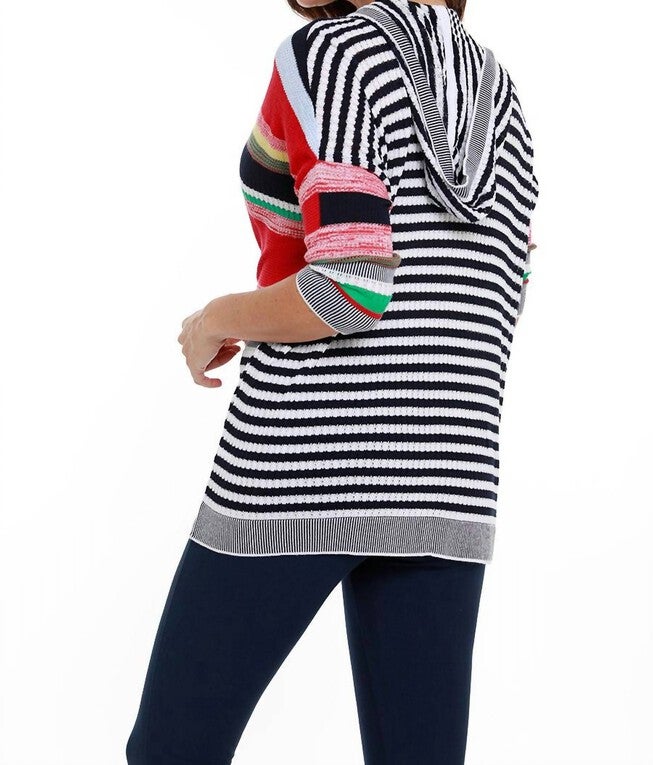 STRIPED 3/4 ZIP HOODED CARDIGAN IN NAVY MULTI, , alternate image number null