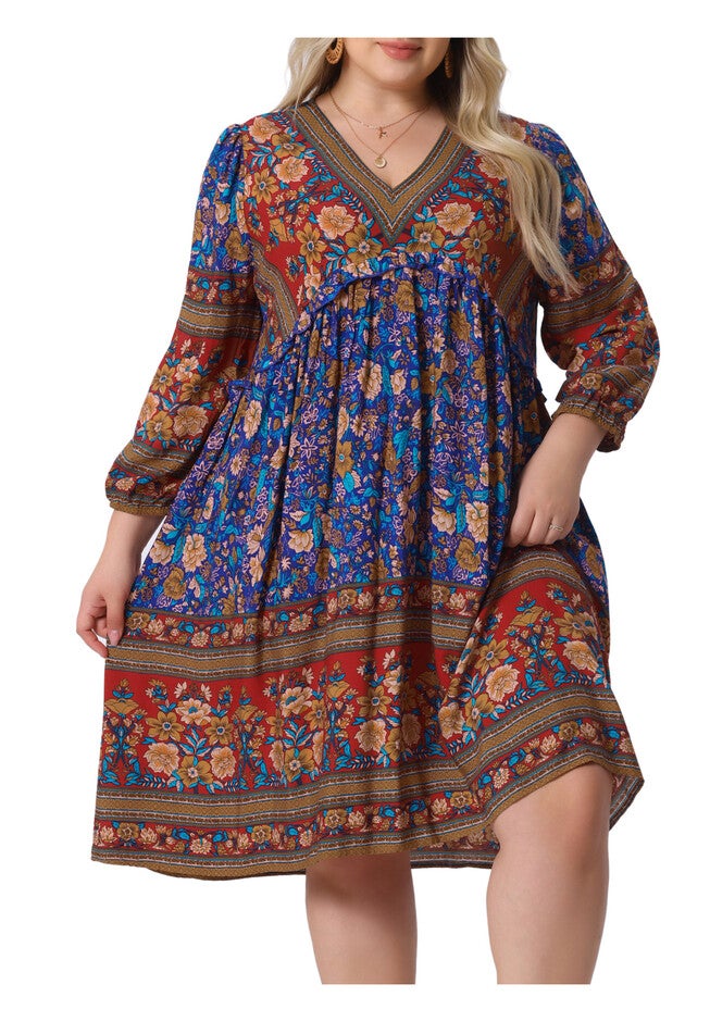 Boho Floral V Neck 3/4 Sleeve Mini Short Dress, Red Blue / Red, alternate image number 2