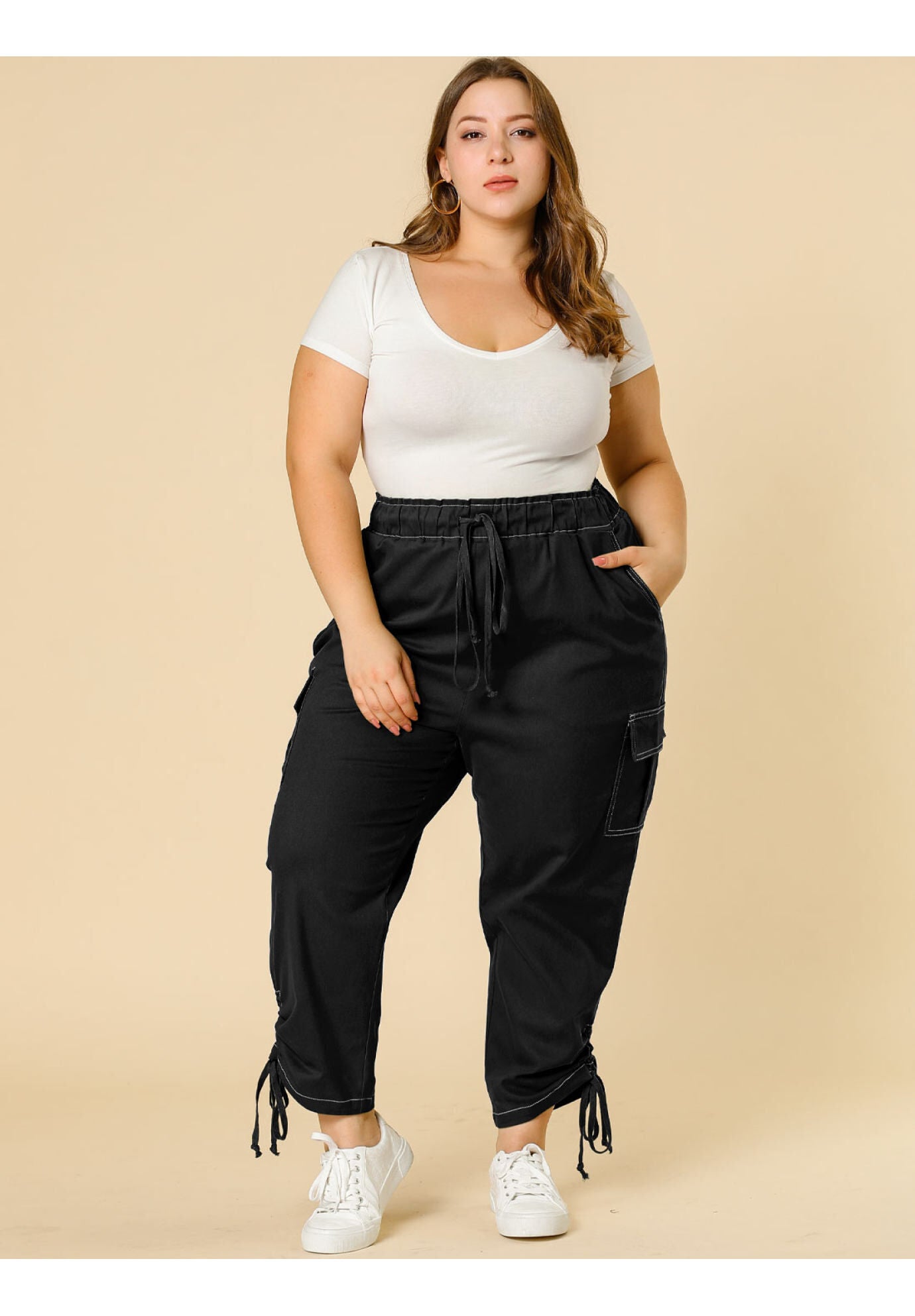 DRAWSTRING ELASTIC WAIST CARGO PANTS, Black / Black, alternate image number 3