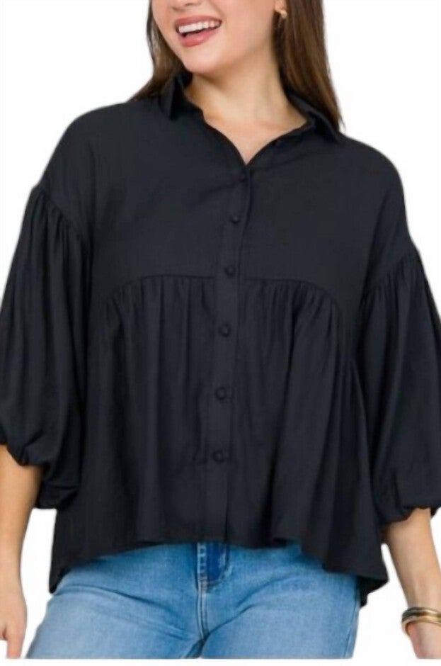 COLLARED BALLOON SLEEVE BUTTON DOWN SHIRT, Black / Black, hi-res image number null