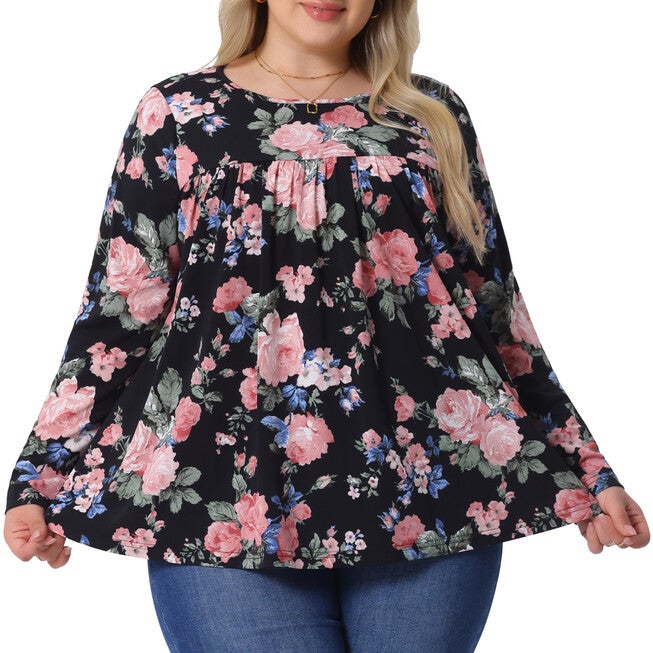 Long Sleeve Tunic Pleated Crew Neck Blouse, Black / Black, alternate image number 1