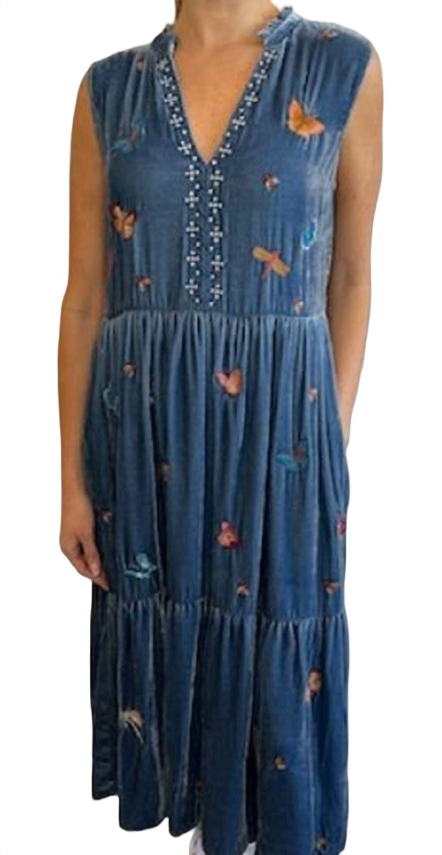 MONARCA VELVET RUFFLE NECT TANK DRESS IN DENIM INDIGO, Denim Indigo / Navy, hi-res image number 0