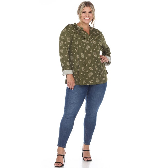 Pleated Long Sleeve Leaf Print Blouse, , alternate image number null