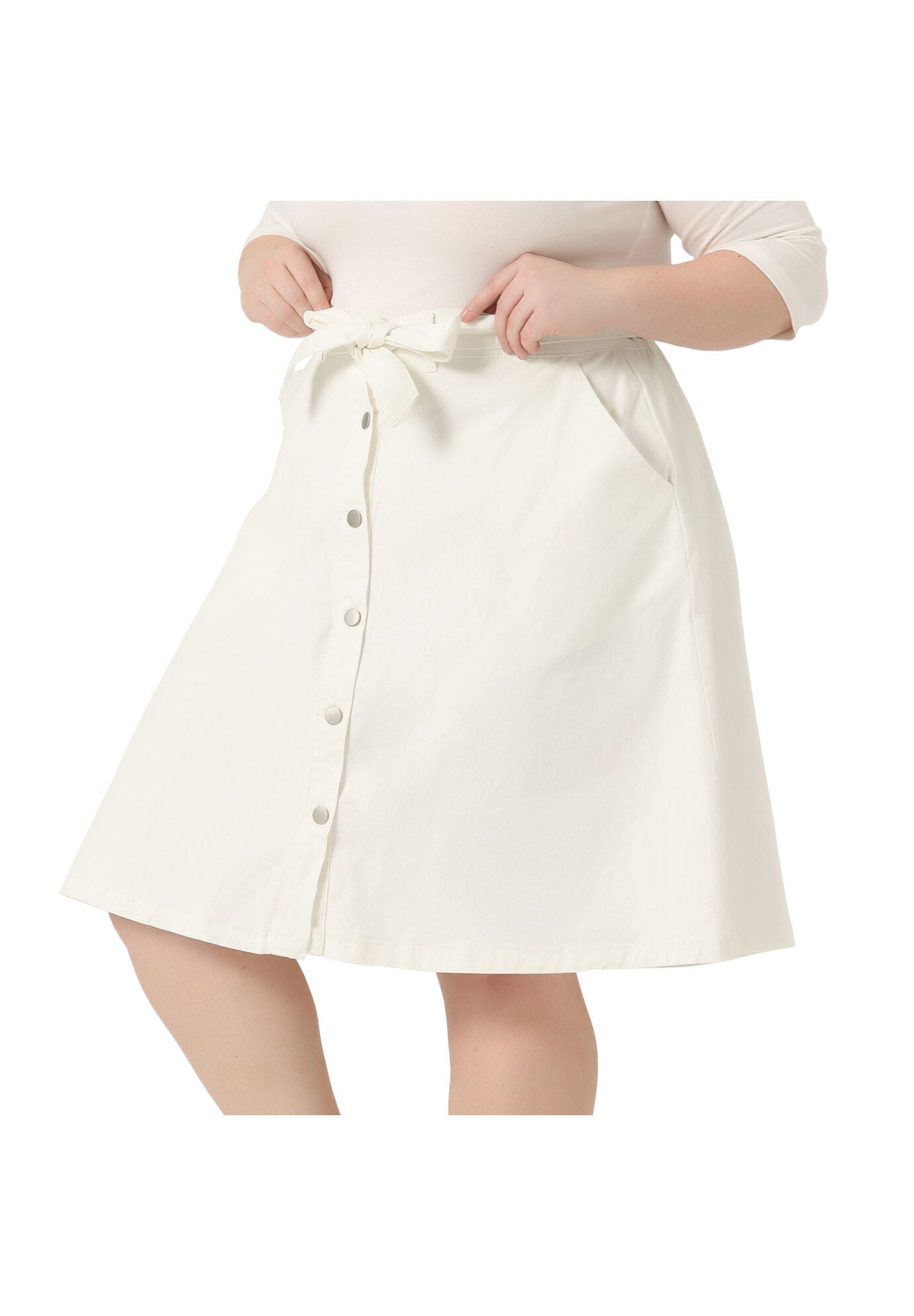 TIE WAIST A-LINE MIDI JEANS DENIM SKIRT, White / White, alternate image number 1