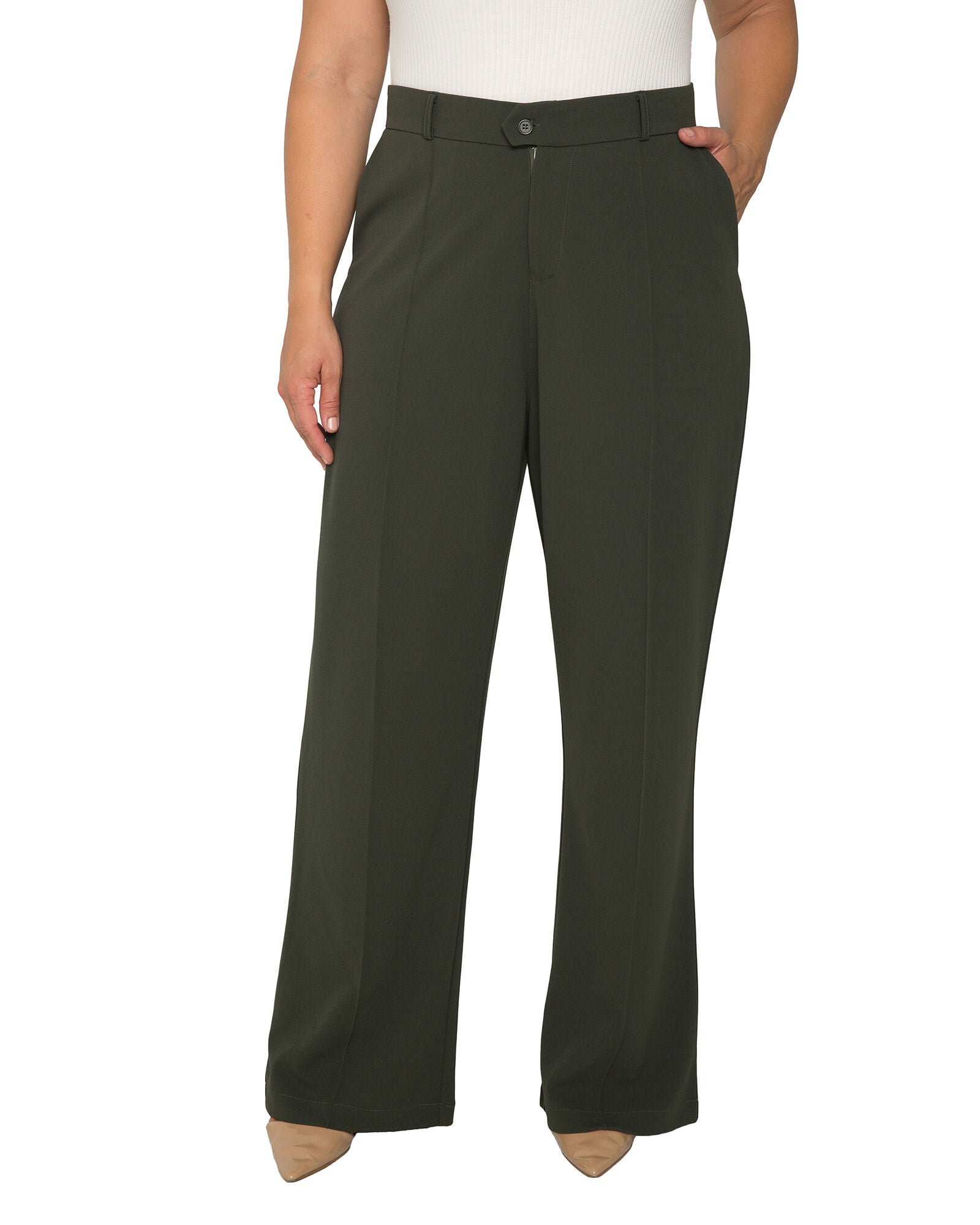 Plus Size Erica Pintuck Stretch Crepe Wide Leg Trouser, Olive / Forest Green, hi-res image number 0