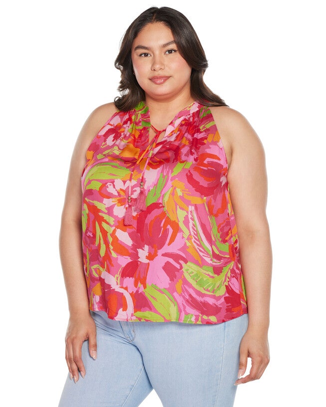 Plus Size Abstract Floral Tie-Neck Sleeveless Top, , alternate image number null