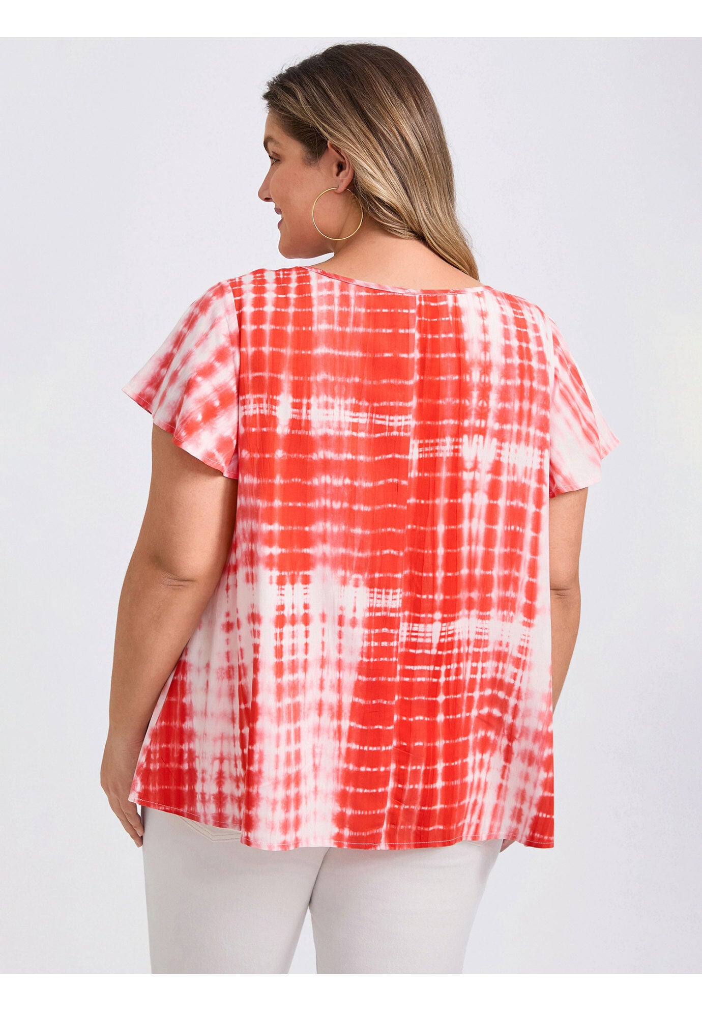 Tie Dye V Neck Ruffle Short Sleeve Pleated Blouse, Orange / Orange, alternate image number 2