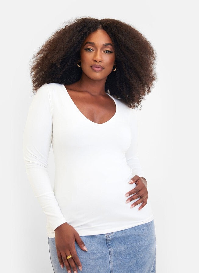 Essential V Neck Top - White, White / White, hi-res image number 0
