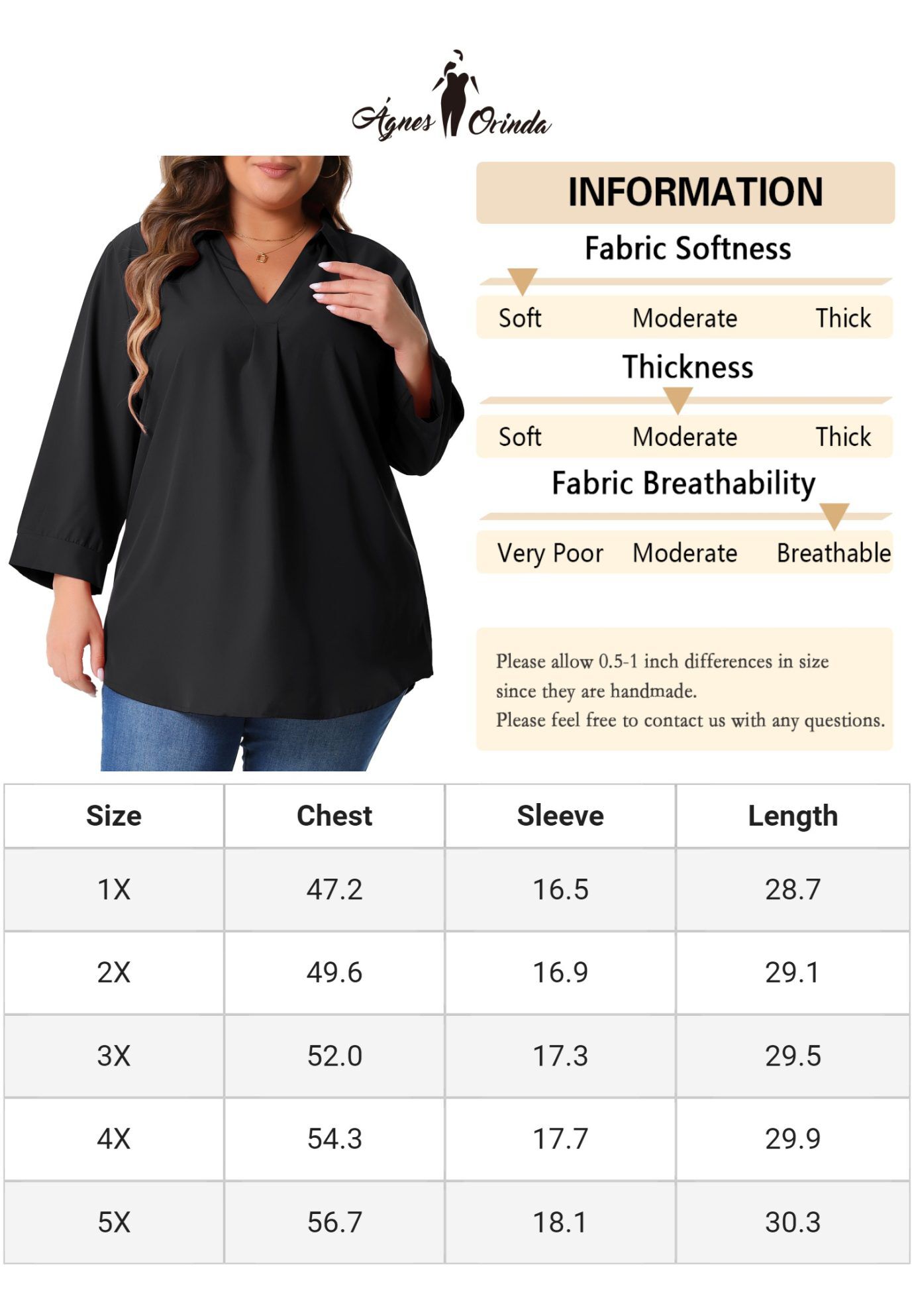 V Neck 3/4 Sleeve Flowy Blouse Work Chiffon Shirt, Black / Black, alternate image number 4