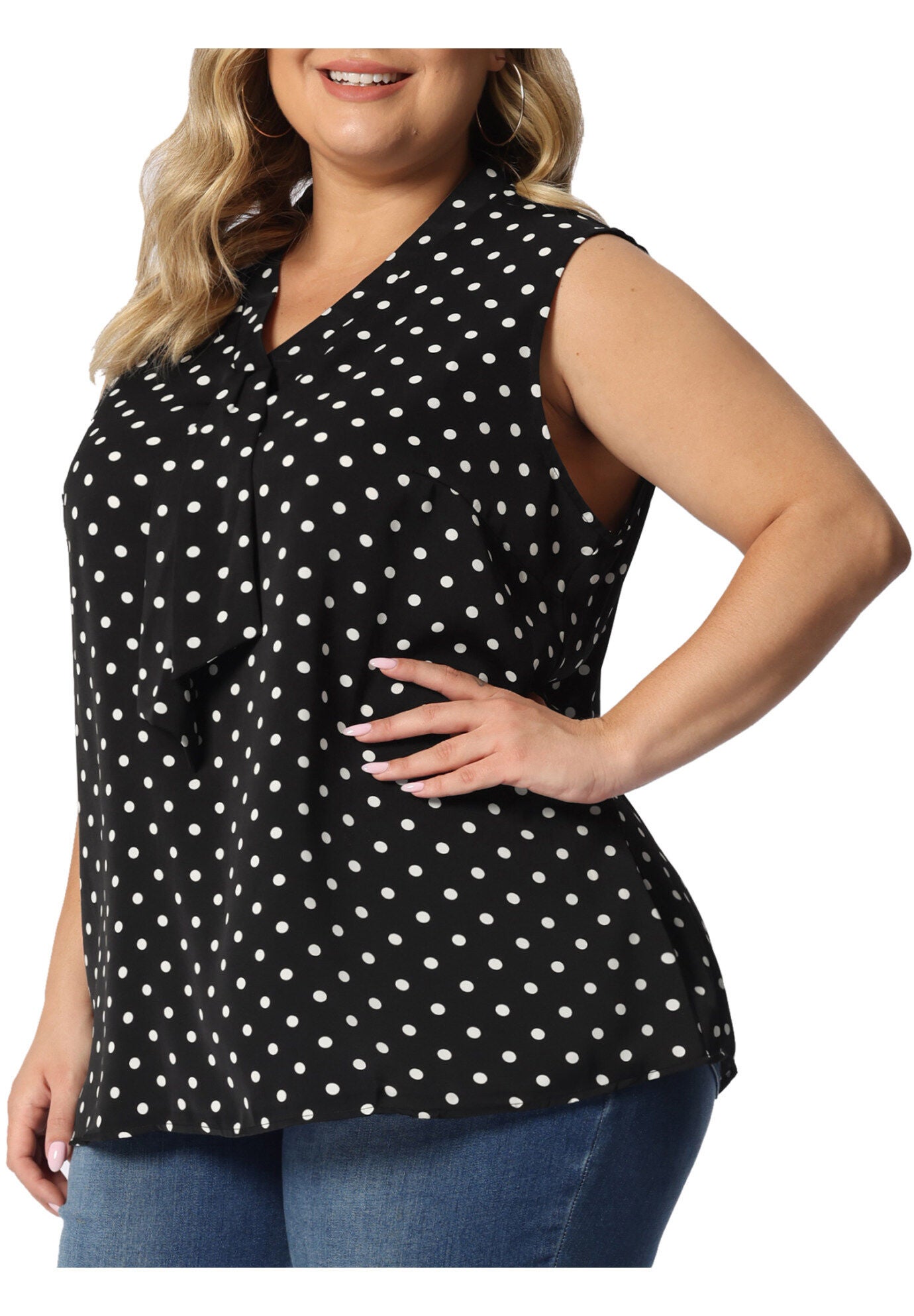 POLKA DOTS V NECK TIE NECK SLEEVELESS BLOUSE TANK TOP, Black / Black, alternate image number 1