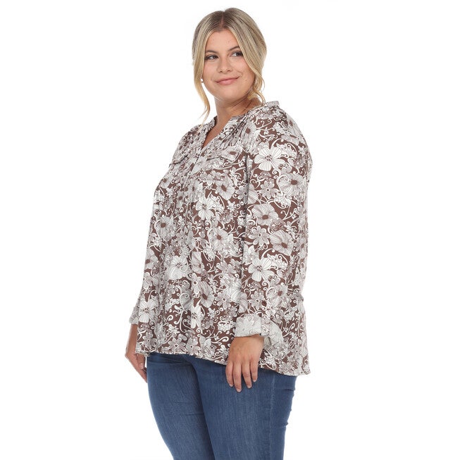 Pleated Long Sleeve Floral Print Blouse, , alternate image number 7
