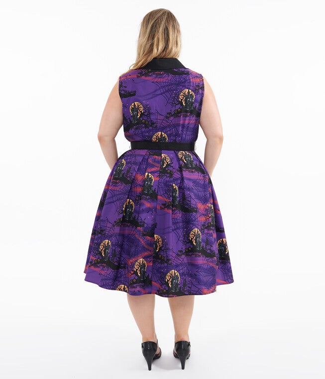 1950s Purple Halloween Print Edith Swing Dress, Purple Haunted House Print / Purple, alternate image number 1