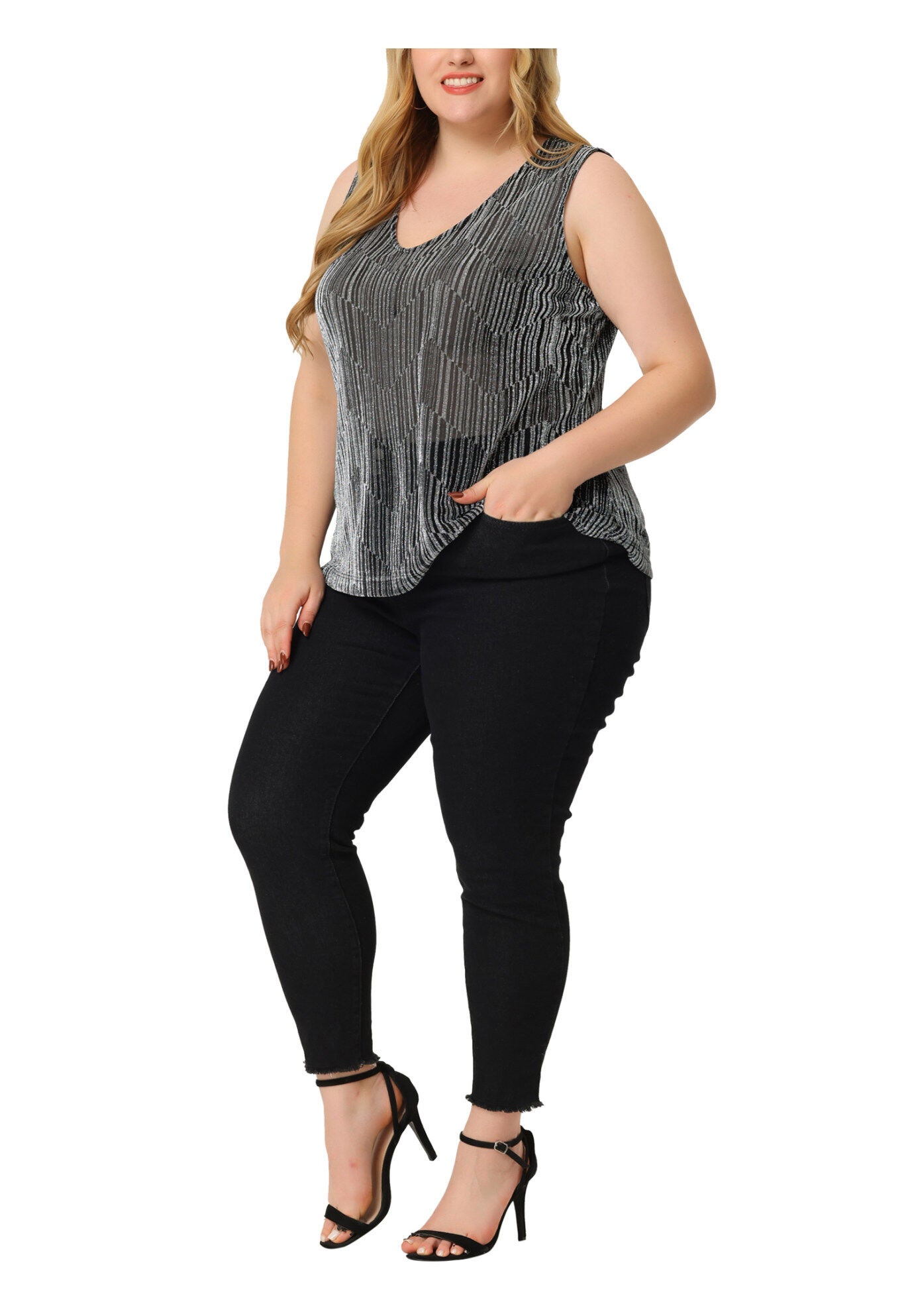 SEQUIN TOP SLEEVELESS GLITTER GRADIENT TANK VEST, Silver / Silver, alternate image number 1