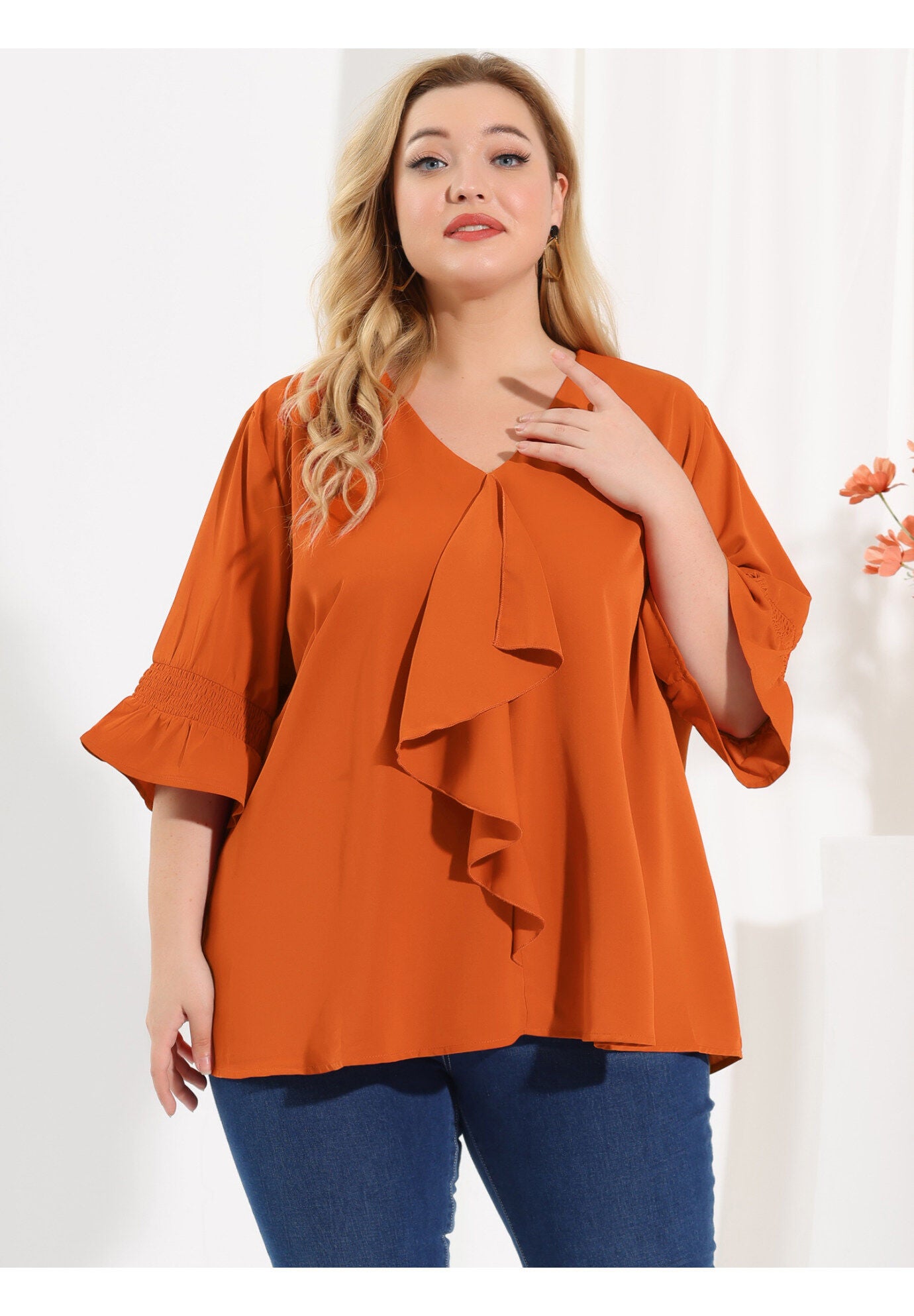 Ruffle Blouse V Neck Smocked Sleeves Top, Caramel / Orange, alternate image number 3