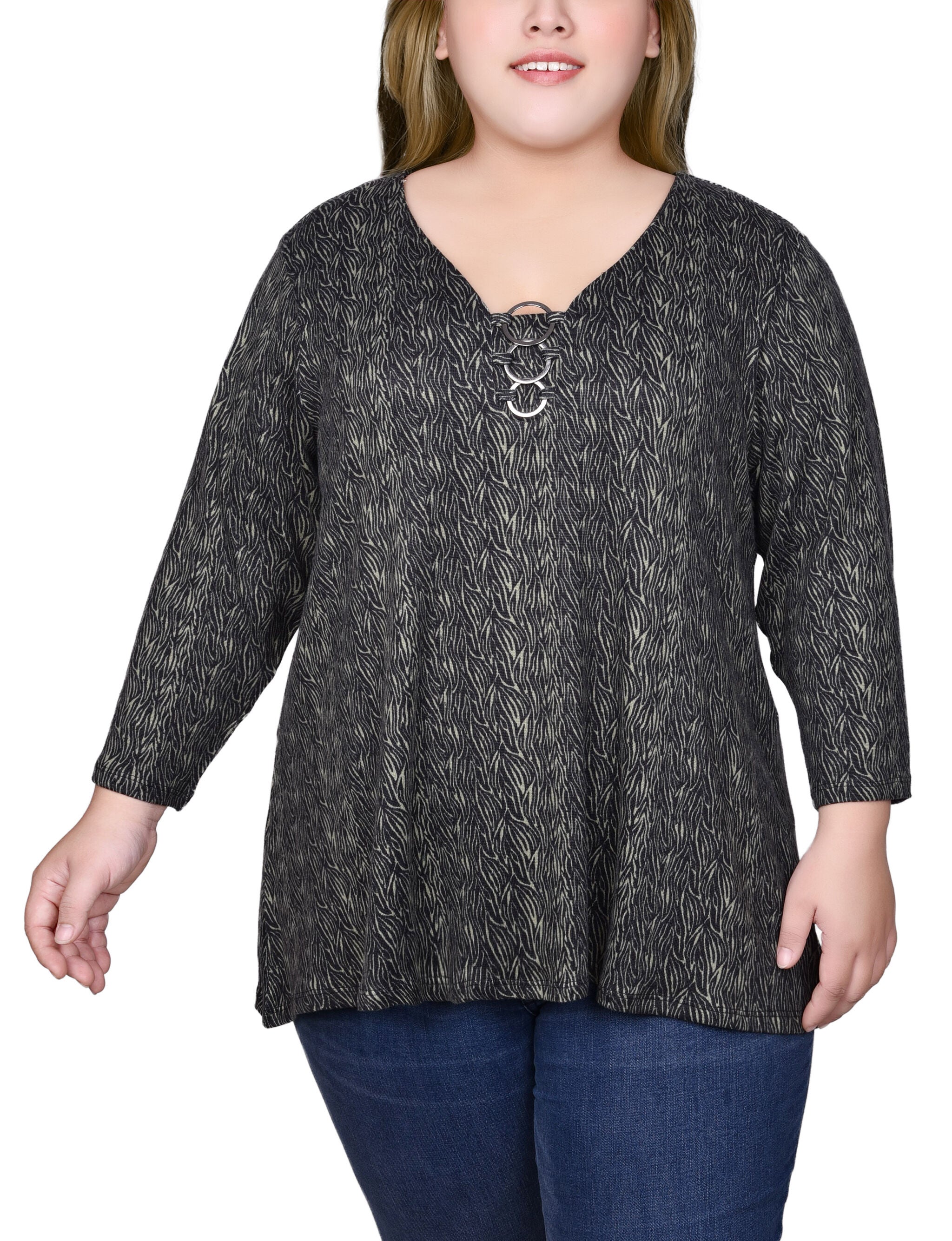 3/4 Sleeve 3-Ring Top, Oil Green Black Zeb, hi-res image number 0