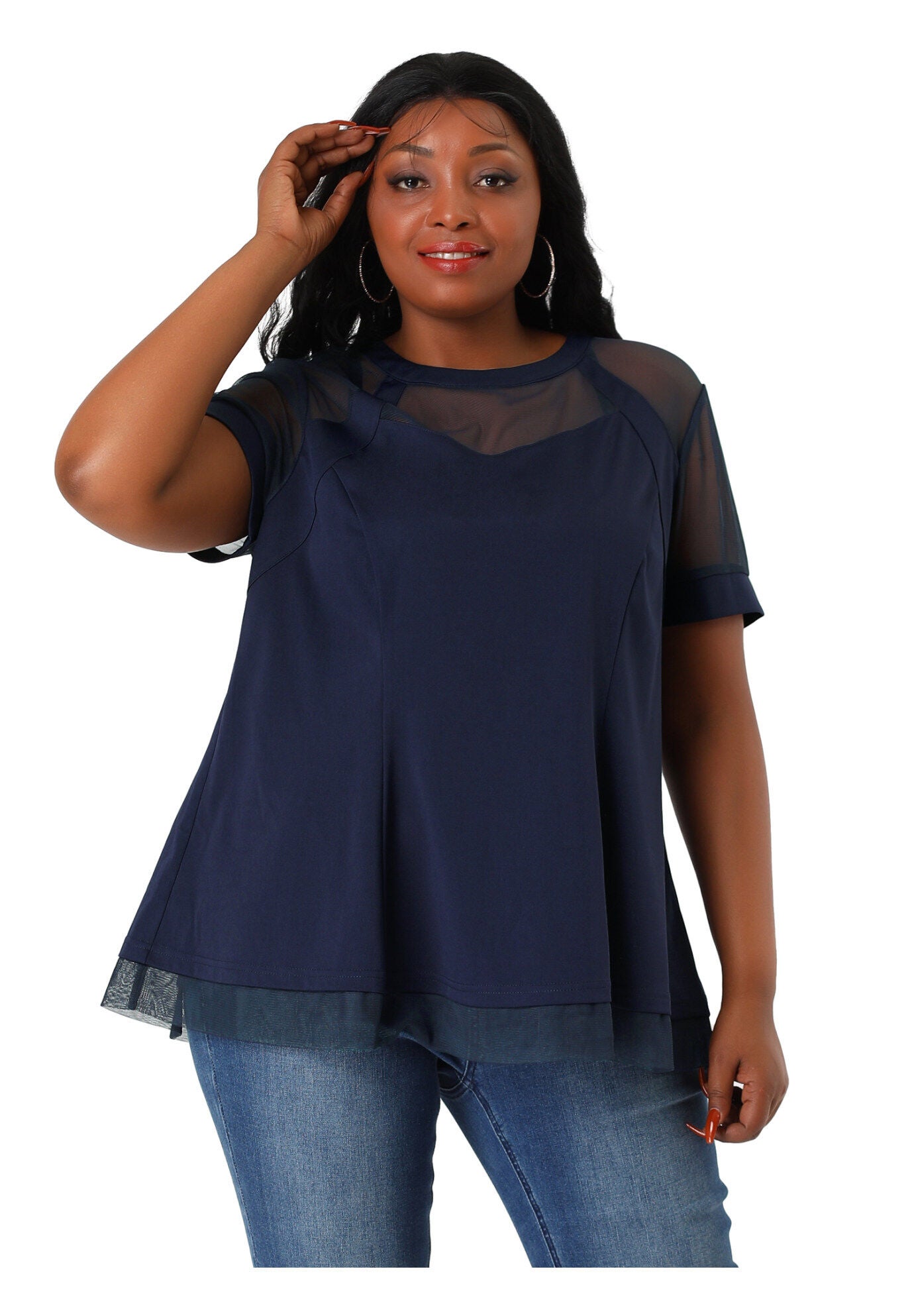 ROUND NECK SHORT SLEEVE MESH SHEER SUMMER PEPLUM TOP, Blue / Navy, alternate image number 3