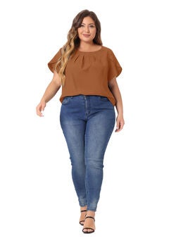 Round Neck Pleated Top Tulip Sleeves Blouse Top