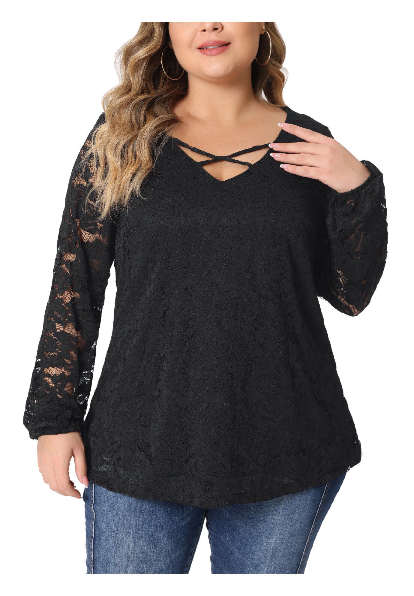 LACE BLOUSE CROSS V NECK SHEER DOUBLE LAYER LONG SLEEVE TOP, Black / Black, alternate image number 1