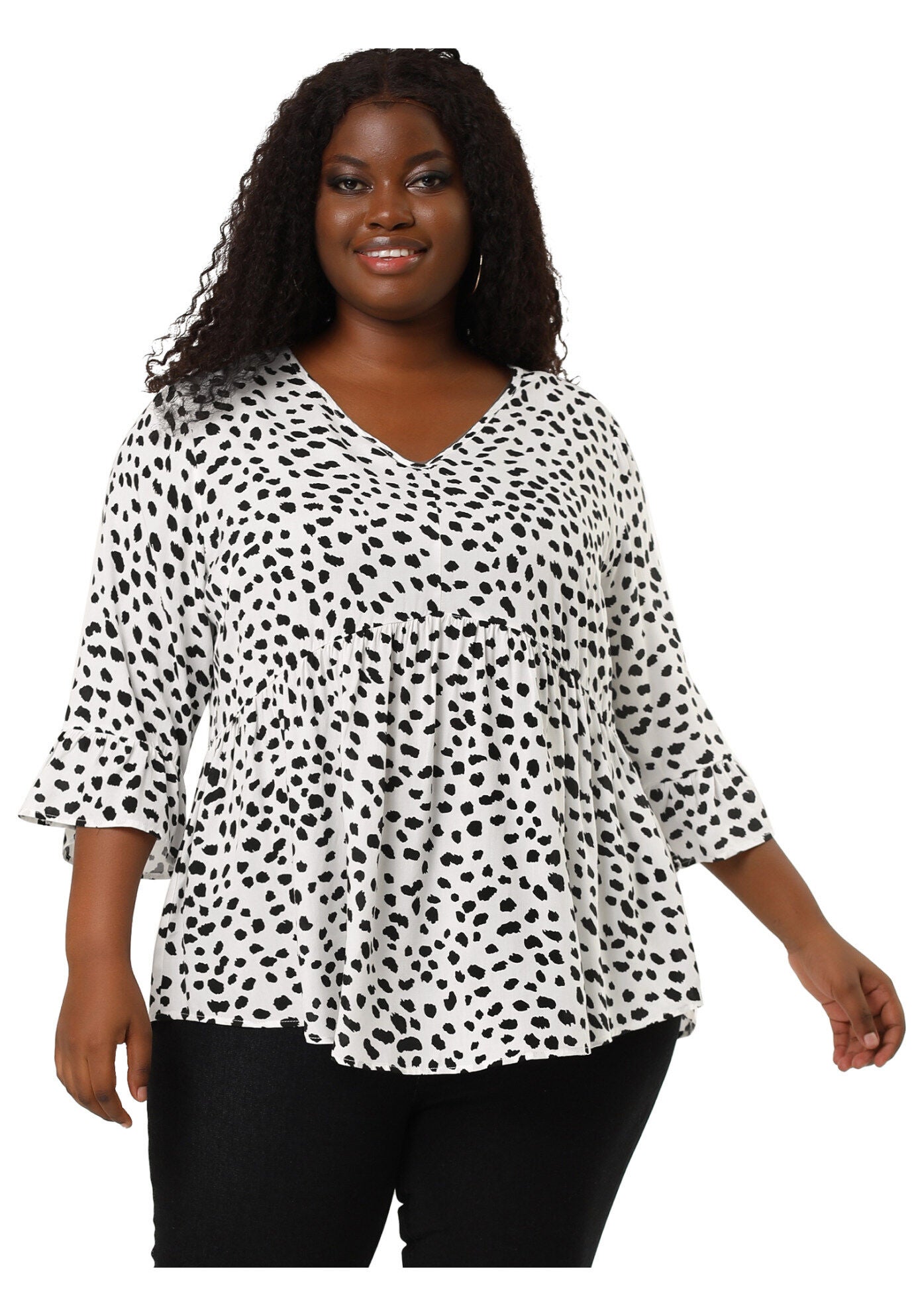 Polka Dots Blouse 3/4 Ruffle Sleeve Peplum Top, White / White, hi-res image number 0