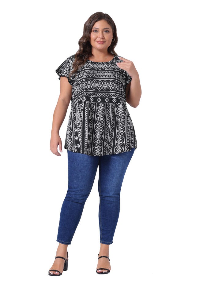 Boho Floral Printed Round Neck Ruffle Sleeve Blouse, Black / Black, hi-res image number 0