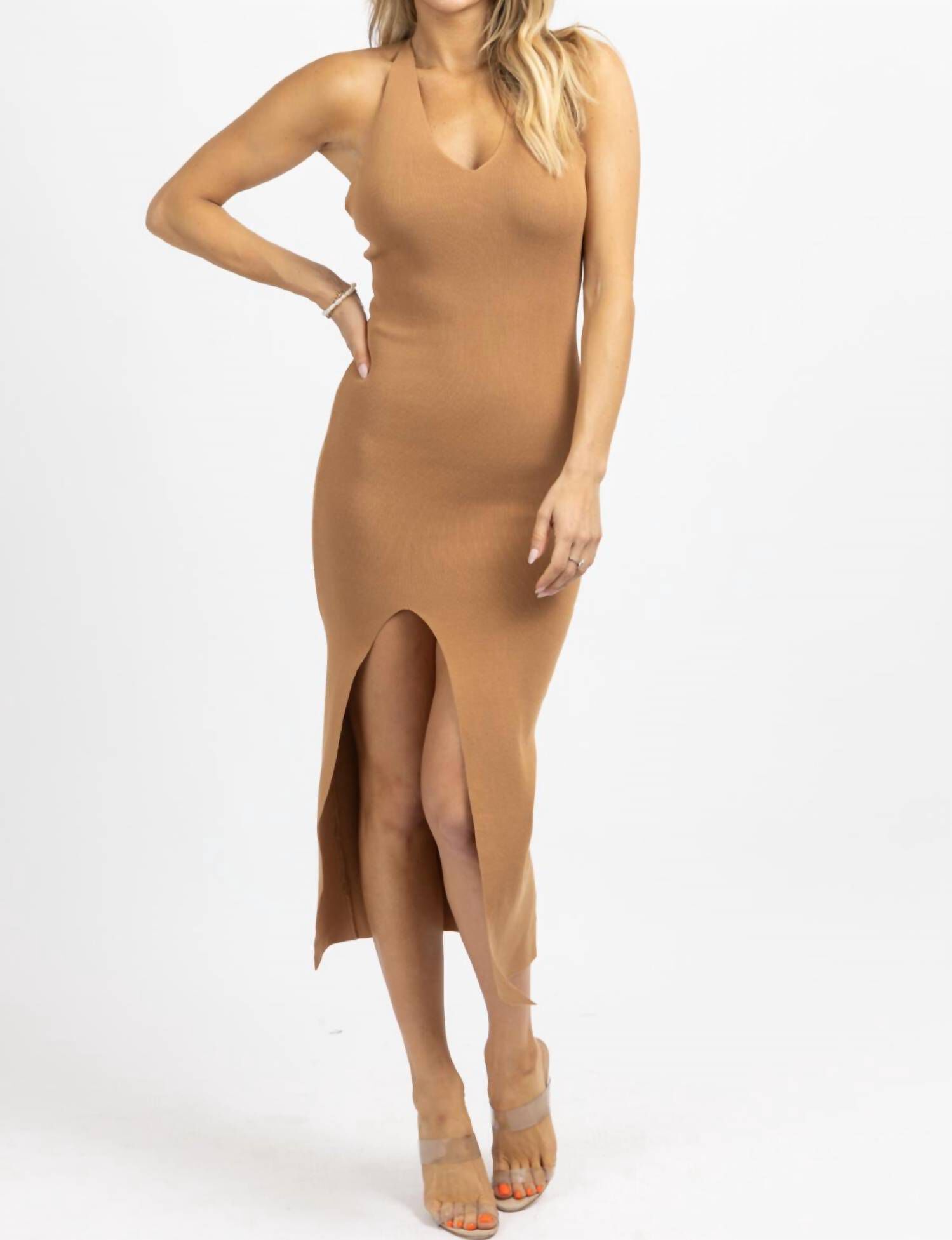 CHAIN CROSSBACK MIDI DRESS IN BROWN GOLD, , alternate image number 6
