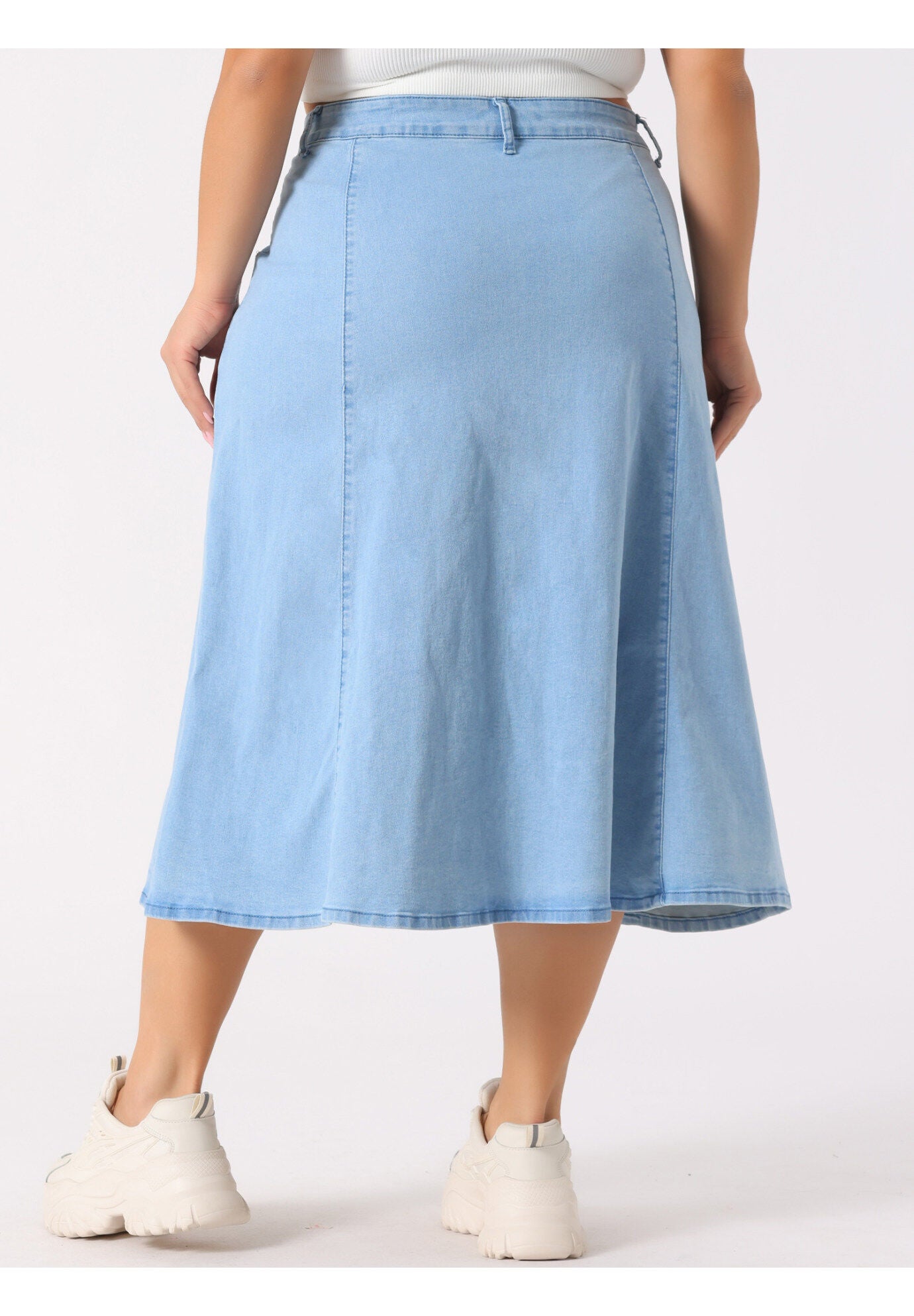 Denim Vintage High Waist with Pockets A-Line Midi Jean Skirt, Light Blue / Light Blue, alternate image number 3