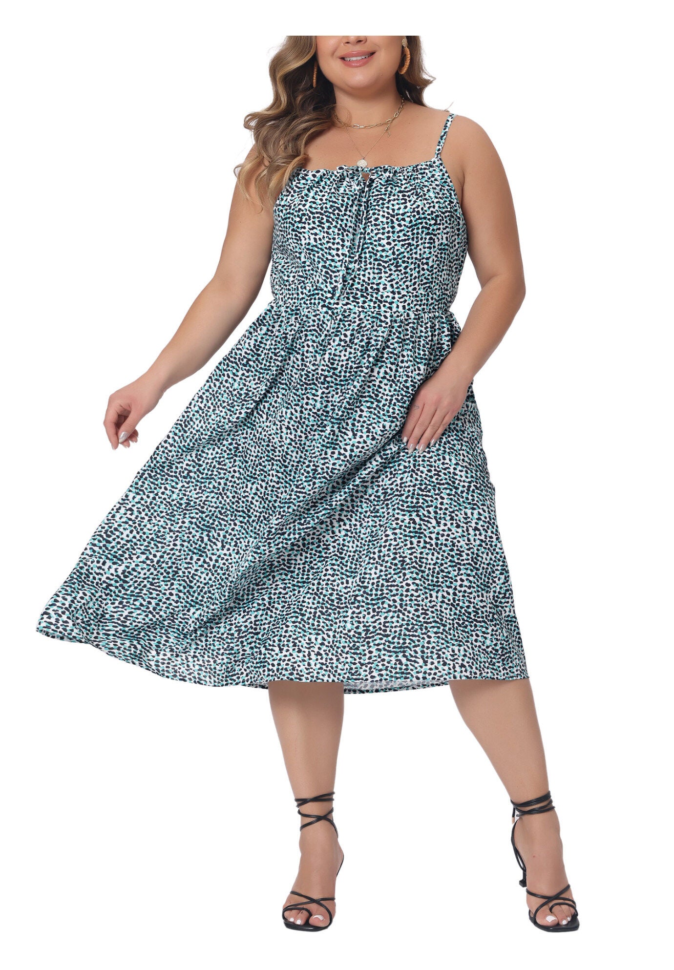 Tie Front Adjustable Spaghetti Strap Cami Midi Floral Dress, Green / Teal, alternate image number 2