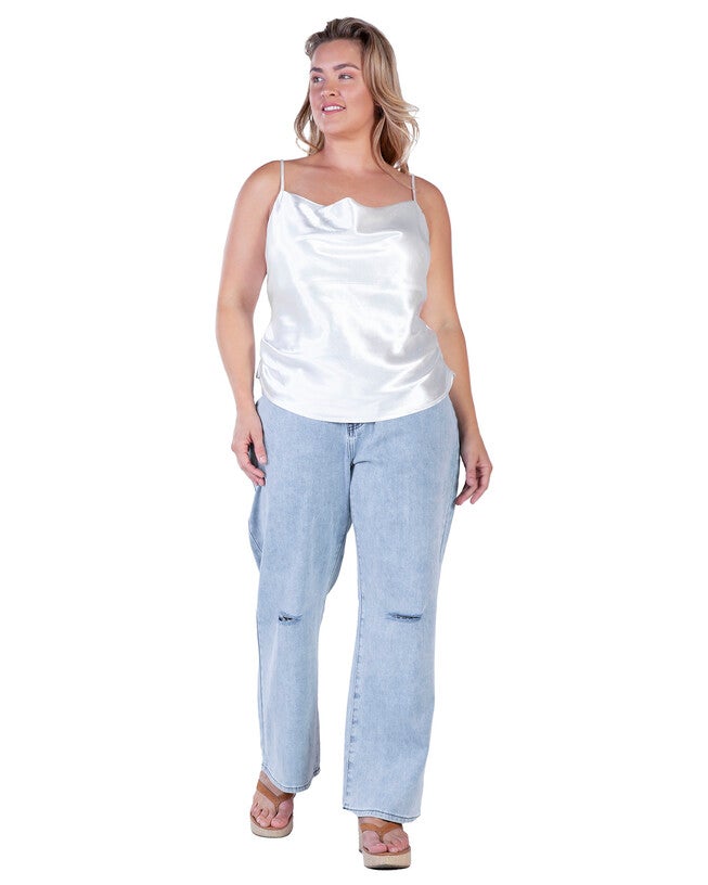 Elecktra Womens Plus Size Cowl Neck Ruched Waist Satin Crop Top, Silver / Silver, alternate image number 2