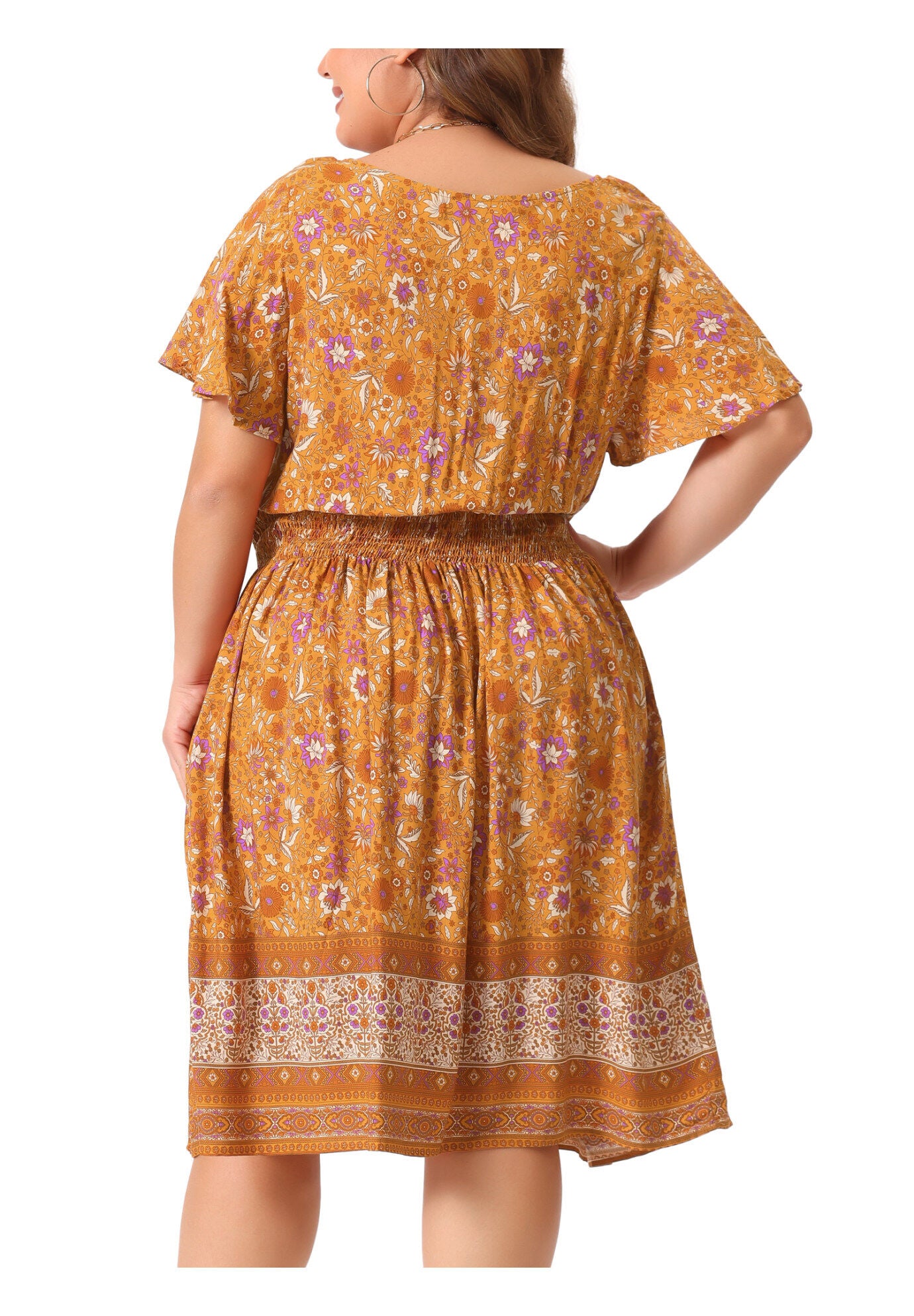 Placed Pattern Bohemian Smock Waist V Neck Summer Midi Dress, Orange / Orange, alternate image number 3