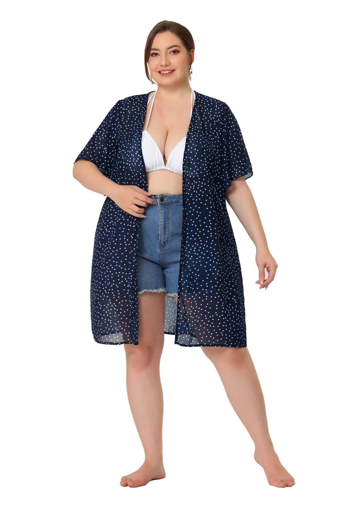 SHORT SLEEVE BIKINI POLKA DOTS KIMONO COVER UP, Dark Blue / Navy, hi-res image number 0