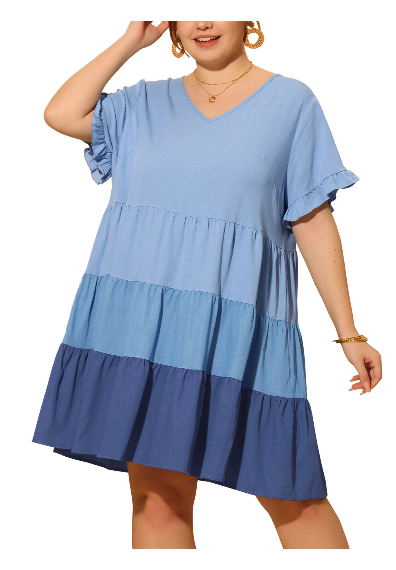 Babydoll Ruffle Short Sleeve Chambray Mini Dress, Blue / Light Blue, alternate image number 1